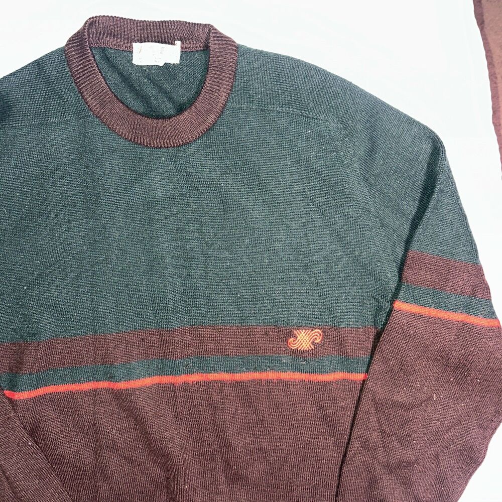 Jaeger Mens Wool Crew Neck Sweater Pullover brown and green Logo